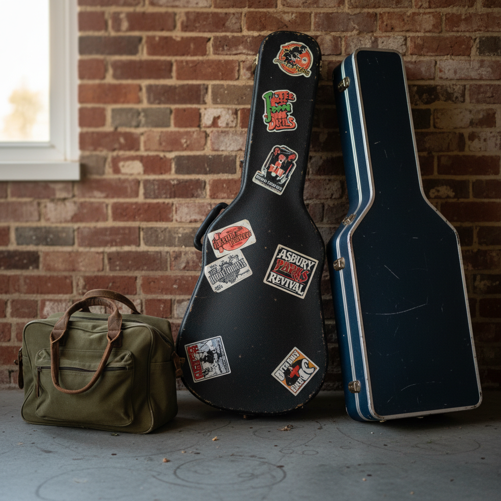 A close-up, photographic realism shot of three well-worn instrument cases leaning together like old friends against a brick wall: a black hard-shell guitar case covered in colorful band stickers, a sleek dark-blue bass case with silver trim, and a compact drum hardware bag with frayed handles. The concrete floor beneath shows subtle scuff marks from countless gigs. Overhead, soft late-afternoon light from an unseen window washes across the scene, picking out the textures of the scratched plastic, nicked metal corners, and peeling stickers. The composition uses the rule of thirds, focusing on the meeting point of the cases, with the background slightly blurred. The mood is playful and nostalgic, hinting at road stories and classic rock nights in South Jersey venues.