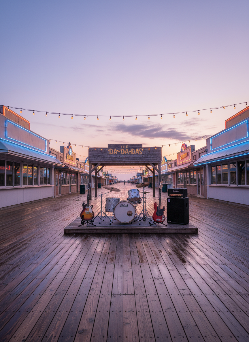 A South Jersey boardwalk at dusk rendered in photographic realism, but completely empty of people, with a small open-air stage at one end. On the stage, a simple trio setup: a drum kit, a single guitar on a stand, and a bass resting against its amp. The wooden planks of the boardwalk stretch into the distance, illuminated by warm string lights and neon signs from closed food stands, all softly out of focus. The sky glows in pastel purples and oranges, reflecting off chrome hardware and glossy instrument finishes. Captured from a slightly elevated angle, the scene feels playful and nostalgic, suggesting that The Da-Da-Das bring classic rock energy to familiar local spots along the South Jersey shore.