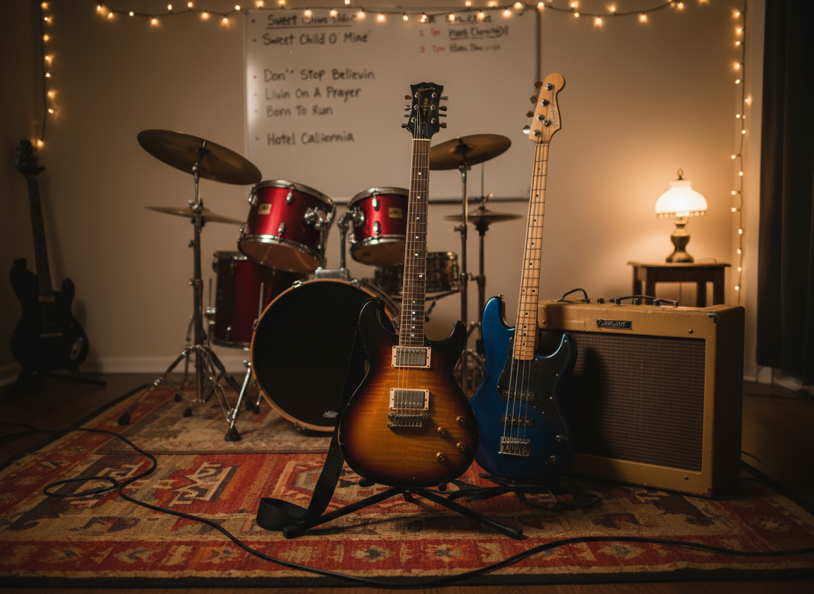 A cozy rehearsal space filled only with gear: a classic sunburst guitar on a stand at center, a deep-blue bass leaning against a vintage tweed amp, and a compact red drum kit in the background, cymbals catching the light. Cables zigzag across a slightly worn rug patterned with bold reds and oranges. On the wall, a simple whiteboard lists a handwritten setlist of classic rock song titles, slightly out of focus. Warm overhead string lights and a small lamp in the corner create a soft golden glow, casting gentle shadows and emphasizing textures. Captured from an eye-level perspective with moderate depth of field, the atmosphere feels playful, creative, and authentically band-oriented, as if a South Jersey trio just stepped out for a break.
